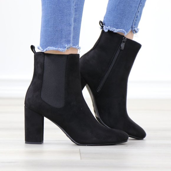 Black Suede Chelsea Block High Heel Above Ankle Boots - Picture 2 of 12